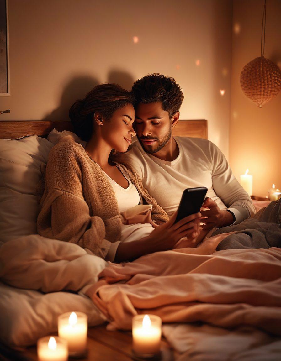 A cozy and inviting bedroom scene, featuring a couple sharing a tender moment while using a smartphone to connect with each other. Soft ambient lighting, with personal touches like candles and comfortable pillows creating intimacy. Romantic elements like heart-shaped decorations and a warm color palette to evoke love and connection. super-realistic. warm colors. soft focus.