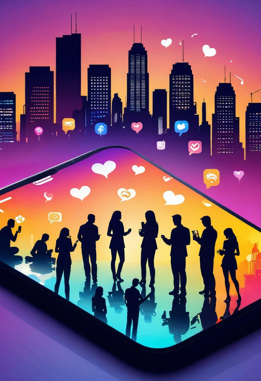 A smartphone displaying various mobile service icons, including dating apps and casual encounter platforms, surrounded by silhouettes of diverse couples engaging in activities like chatting and laughing. The background features subtle hints of a city skyline at dusk, creating a modern urban vibe. Use vibrant colors to emphasize a lively atmosphere. 3D. vibrant colors.