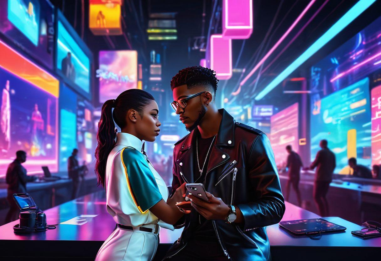 A futuristic digital landscape featuring diverse couples engaging with advanced mobile devices, surrounded by vibrant neon lights and playful holograms symbolizing intimate connections. The scene should evoke a sense of exploration and excitement, showcasing elements of technology, love, and fun. Incorporate a mix of genders and orientations to represent inclusivity. cyberpunk. vibrant colors. 3D.